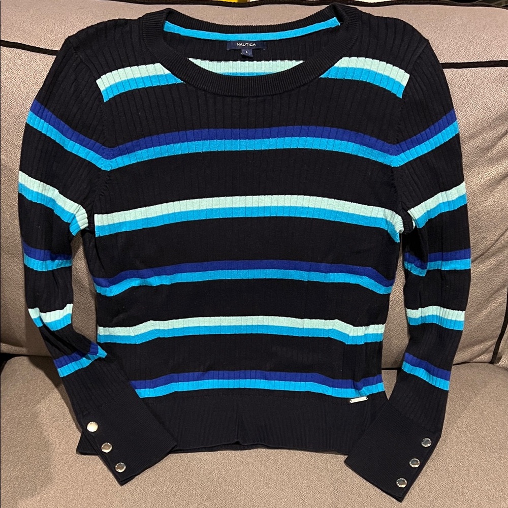 Nautica Women's Ribbed Blue Striped Sweater